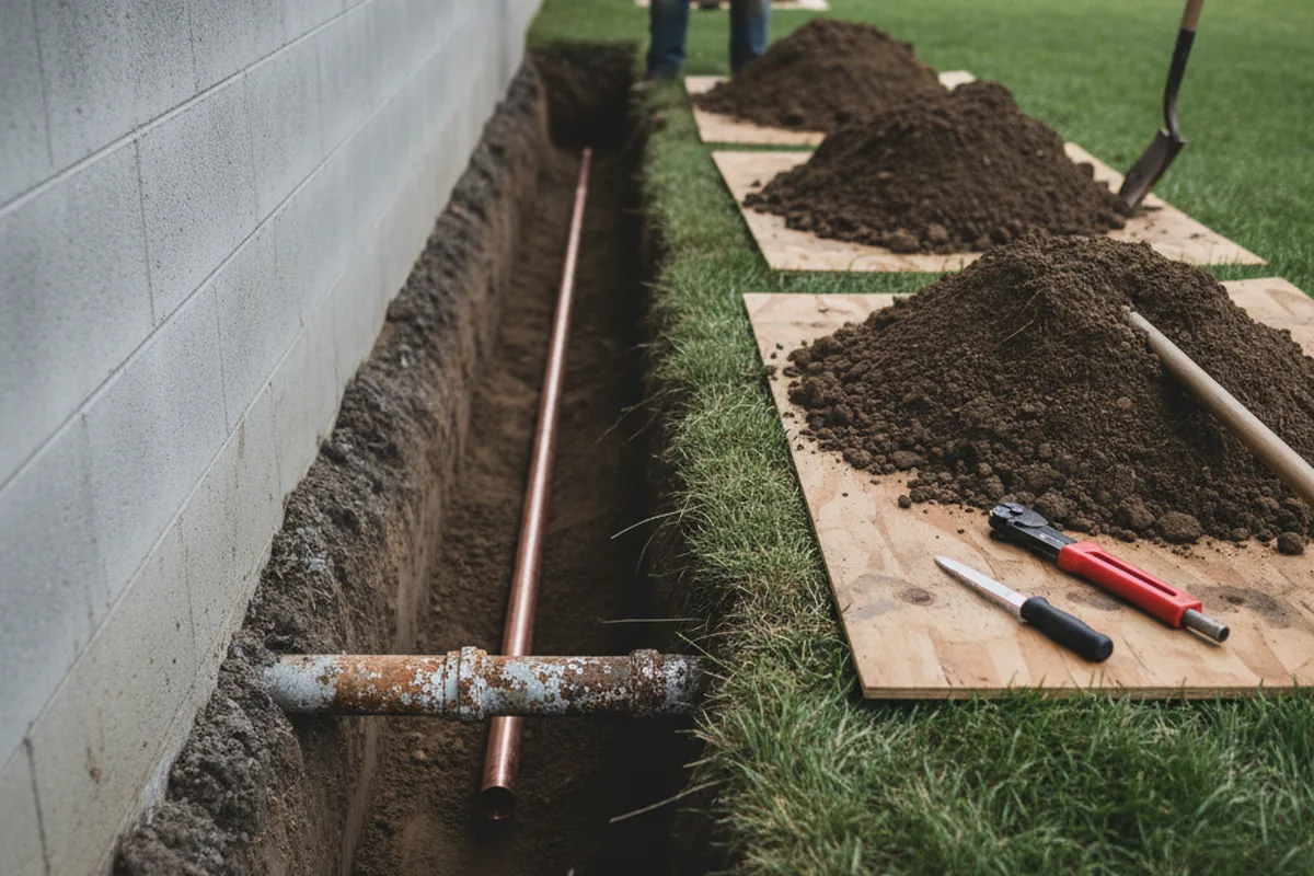 Excavated water line trench during Sewer Line Repair in New Hartford